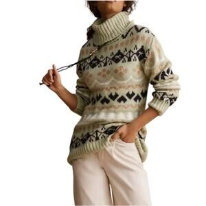 Anthropologie Green Fair Isle Turtleneck Tunic Pullover Sweater